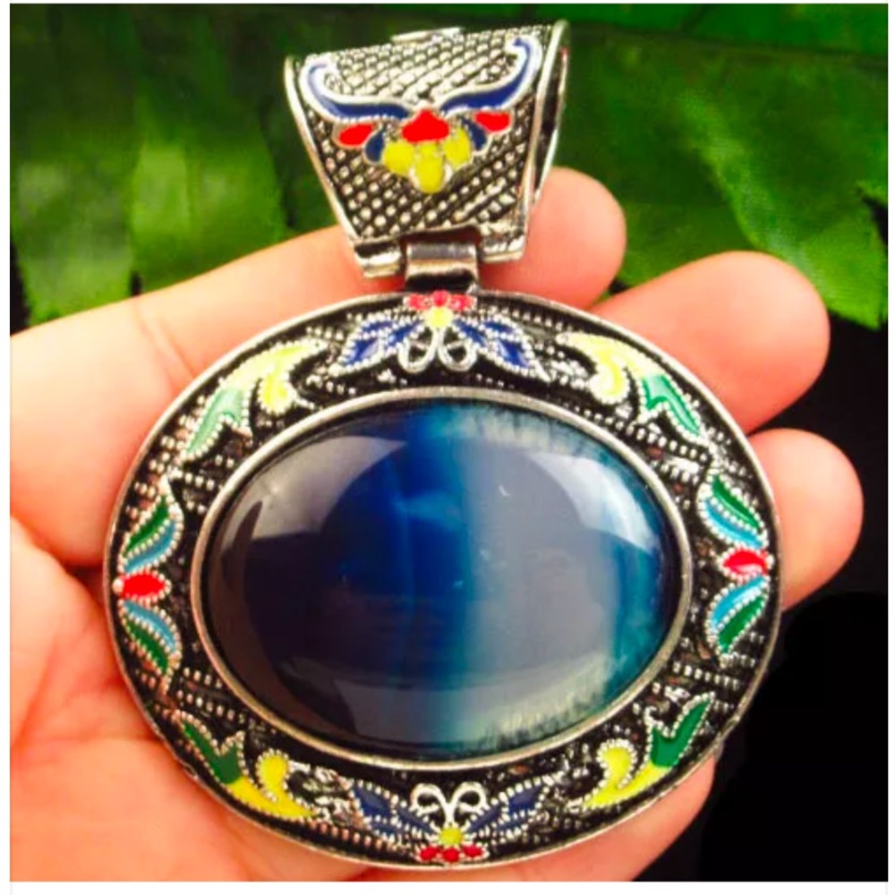 Large Wrapped Blue Onyx Agate, Simulated Tibetan Silver Oval Pendant Handcrafted